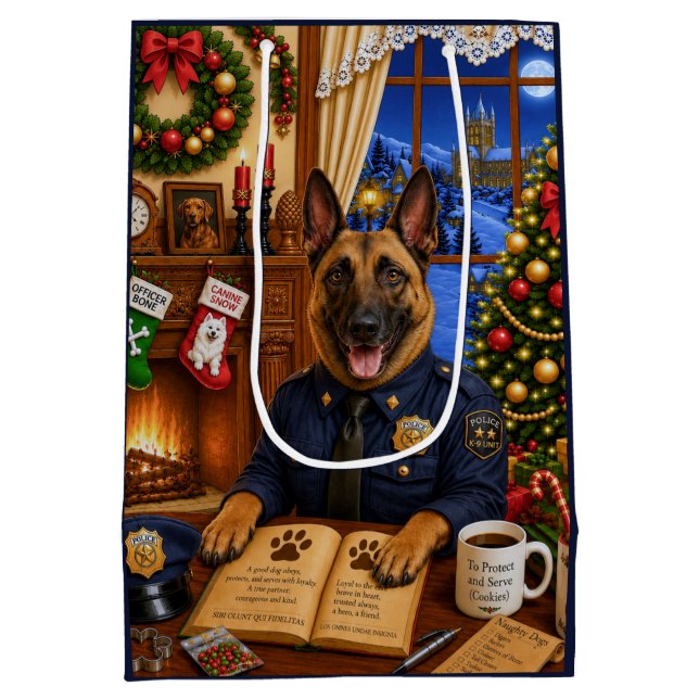 Belgian Malinois Police Holiday  Medium Gift Bag (Back)