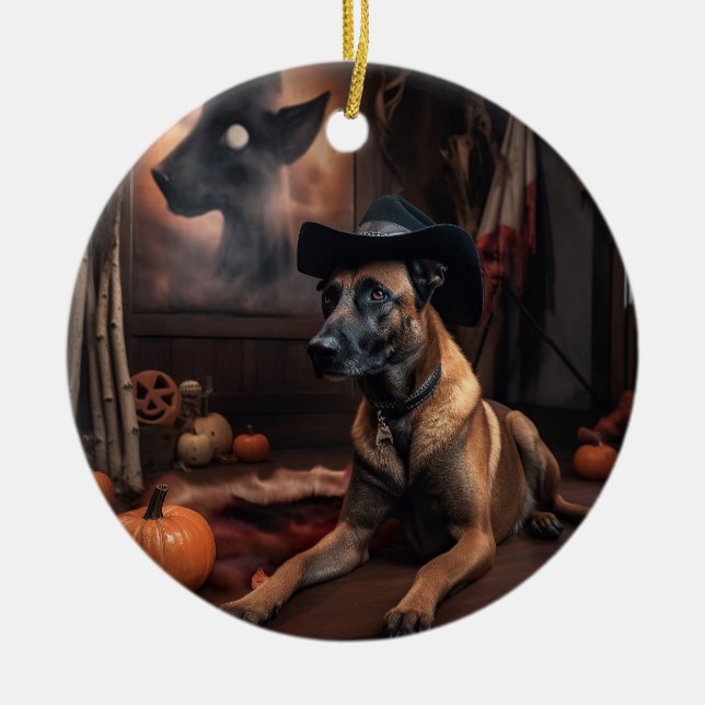 Belgian Malinois Pumpkins Halloween Scary Ceramic Tree Decoration (Front)
