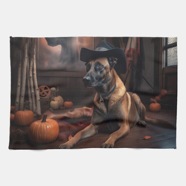 Belgian Malinois Pumpkins Halloween Scary Tea Towel (Horizontal)