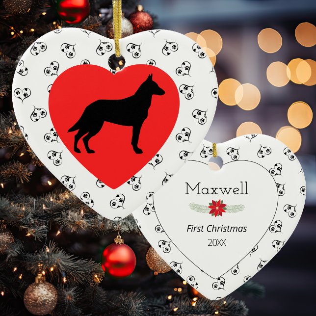 Belgian Malinois Silhouette Hearts Paw Prints Ceramic Tree Decoration (Creator Uploaded)