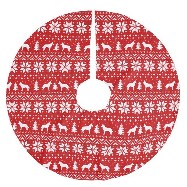 Belgian Malinois Silhouettes Christmas Pattern Red Brushed Polyester Tree Skirt (Front)