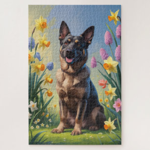 Belgian Malinois Spring Flowers Painting Jigsaw Puzzle