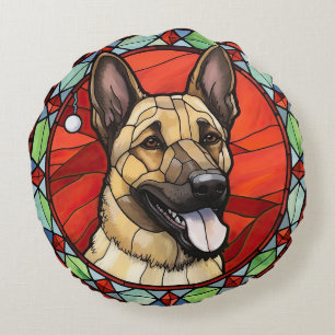 Belgian Malinois Stained Glass Christmas Round Cushion