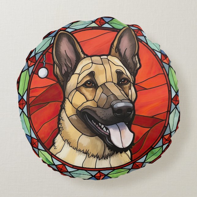Belgian Malinois Stained Glass Christmas Round Cushion (Back)