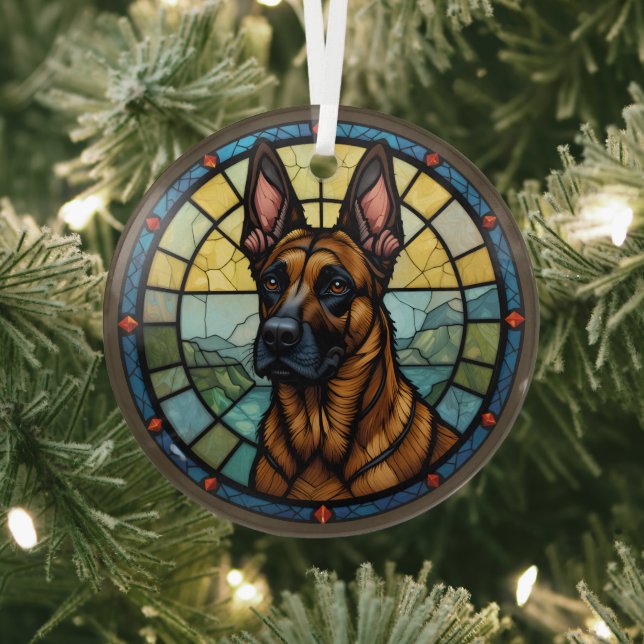 Belgian Malinois Stained Glass Style Illustration Glass Tree Decoration (Insitu)