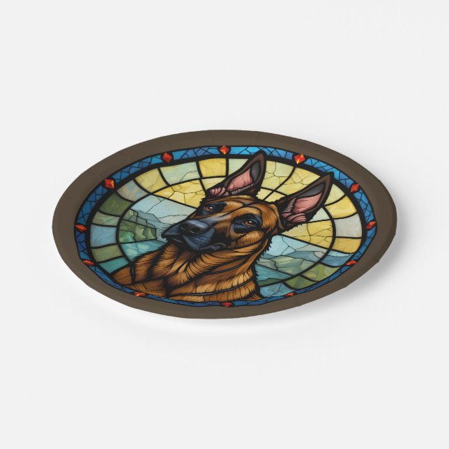 Belgian Malinois Stained Glass Style Illustration Paper Plate (Angled)