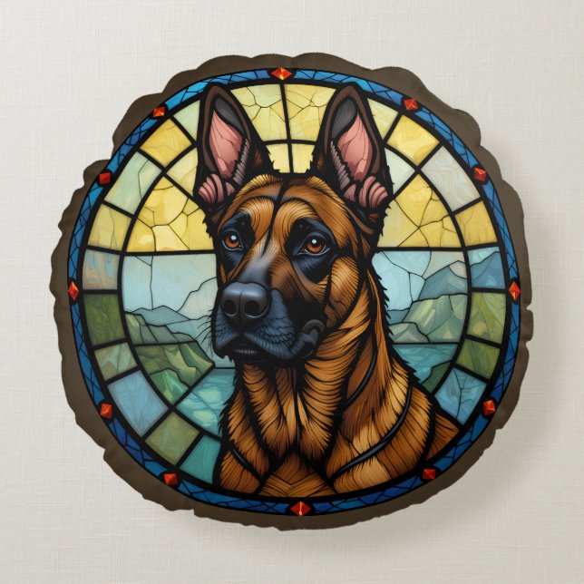 Belgian Malinois Stained Glass Style Illustration Round Cushion (Front)
