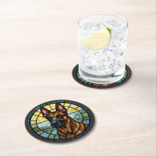 Belgian Malinois Stained Glass Style Illustration Round Paper Coaster