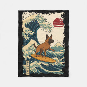 Belgian Malinois Surfing Japanese Kanagawa Wave Mo Fleece Blanket