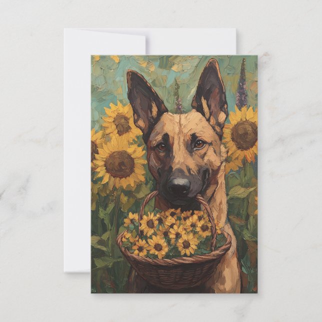 Belgian Malinois with a Basket of Sunflowers Thank You Card (Front)