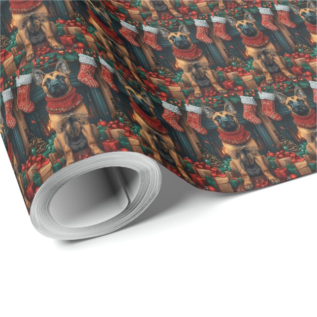 Belgian Malinois With Christmas Gifts Fireplace  Wrapping Paper (Roll Corner)