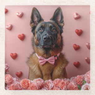 Belgian Malinois with Roses - Valentine's Day Glass Coaster