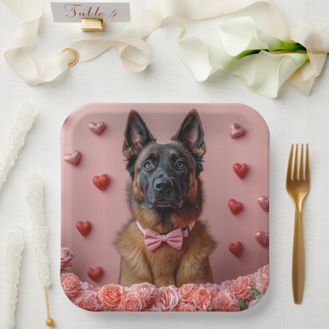 Belgian Malinois with Roses - Valentine's Day  Paper Plate (Wedding)