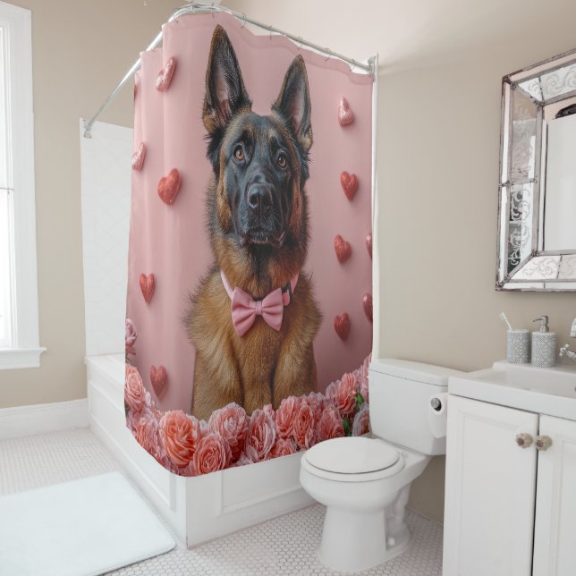Belgian Malinois with Roses - Valentine's Day  Shower Curtain (In Situ)