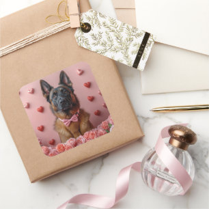 Belgian Malinois with Roses - Valentine's Day Square Sticker