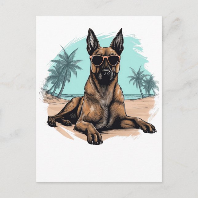 Belgian-malinois with sunglasses at the beach postcard (Front)
