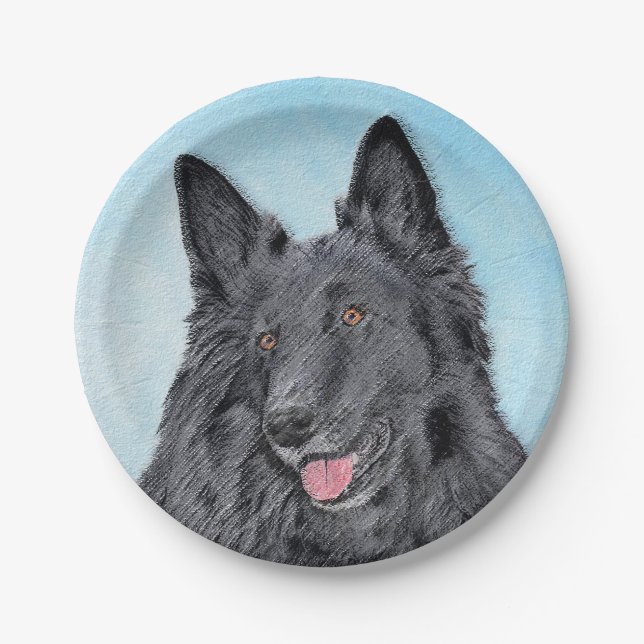 Belgian Sheepdog Painting - Cute Original Dog Art Paper Plate (Front)