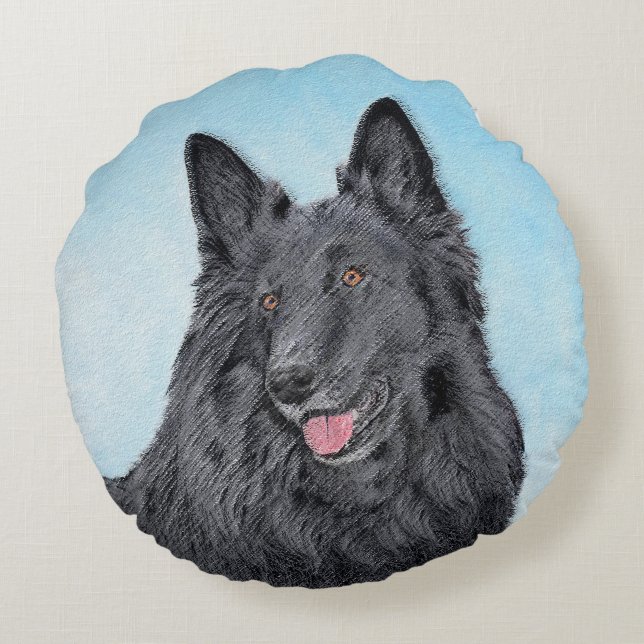 Belgian Sheepdog Painting - Cute Original Dog Art Round Cushion (Back)