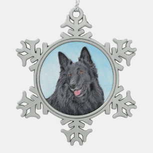 Belgian Sheepdog Painting - Cute Original Dog Art Snowflake Pewter Christmas Ornament