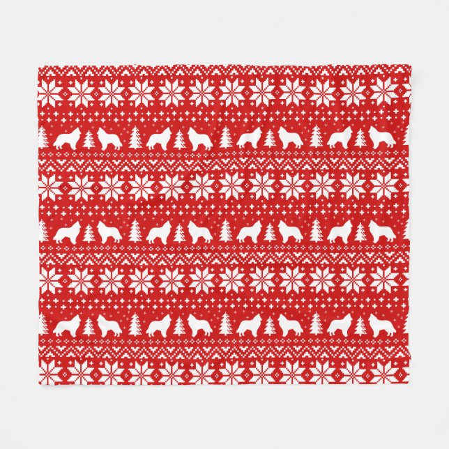 Belgian Sheepdog Silhouettes Christmas Pattern Red Fleece Blanket (Front (Horizontal))