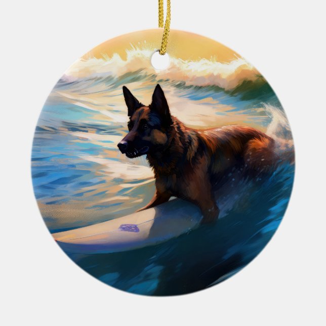 Belgian Shepherd  Beach Surfing Painting  Ceramic Tree Decoration (Front)