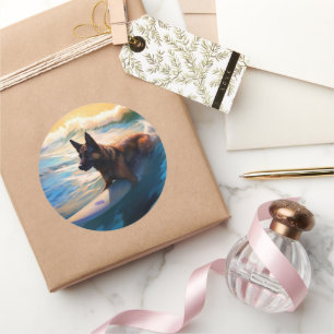 Belgian Shepherd  Beach Surfing Painting  Classic Round Sticker