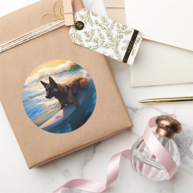 Belgian Shepherd  Beach Surfing Painting  Classic Round Sticker (Gifting)