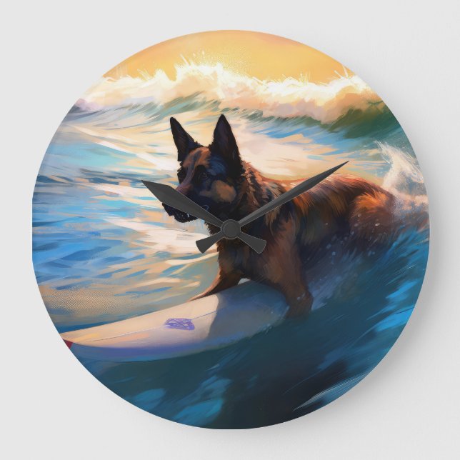 Belgian Shepherd  Beach Surfing Painting  Large Clock (Front)
