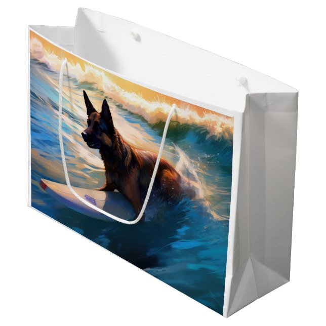 Belgian Shepherd  Beach Surfing Painting  Large Gift Bag (Front Angled)