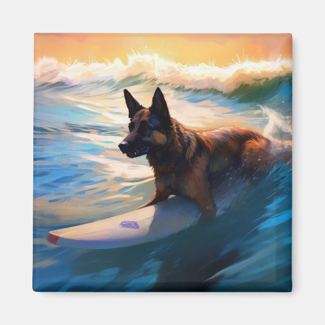 Belgian Shepherd  Beach Surfing Painting  Magnet (Front)