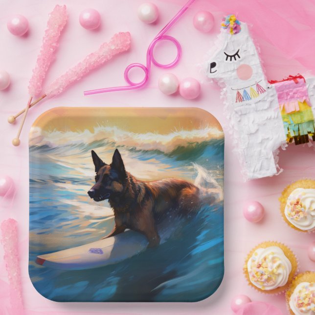Belgian Shepherd  Beach Surfing Painting  Paper Plate (Party)