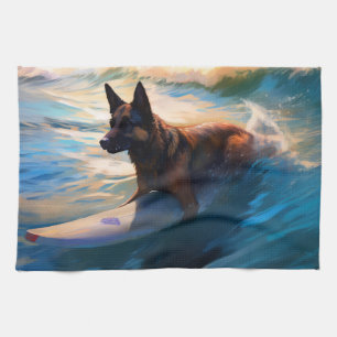 Belgian Shepherd Beach Surfing Painting Tea Towel