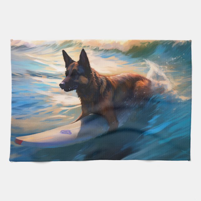 Belgian Shepherd  Beach Surfing Painting  Tea Towel (Horizontal)