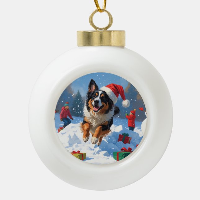 Belgian Shepherd  Christmas Festive Snow Scene Ceramic Ball Christmas Ornament (Front)