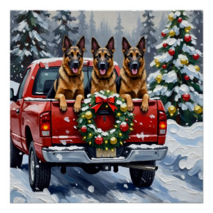 Belgian Shepherd Christmas Red Truck Holiday Poster
