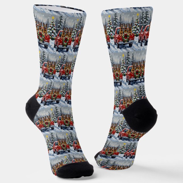Belgian Shepherd Christmas Red Truck Holiday Socks (Angled)