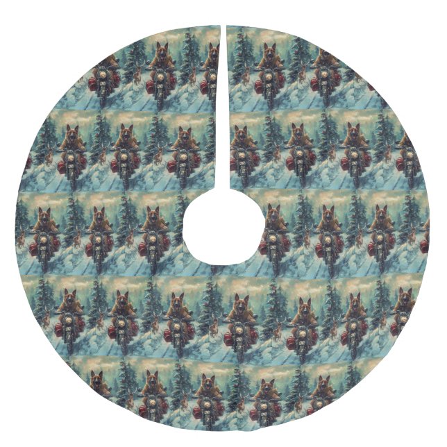 Belgian Shepherd Dog Riding Motorcycle Christmas Brushed Polyester Tree Skirt (Front)