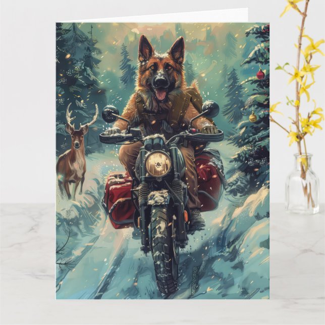 Belgian Shepherd Dog Riding Motorcycle Christmas Card (Yellow Flower)