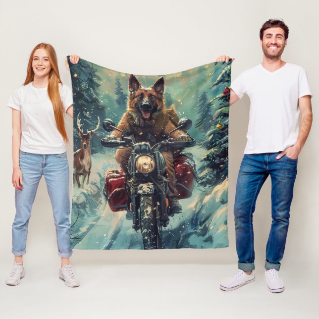 Belgian Shepherd Dog Riding Motorcycle Christmas Fleece Blanket (In Situ)