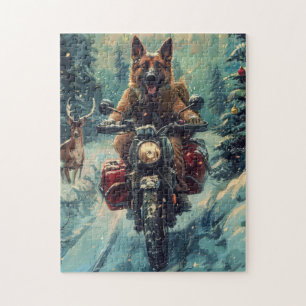 Belgian Shepherd Dog Riding Motorcycle Christmas Jigsaw Puzzle
