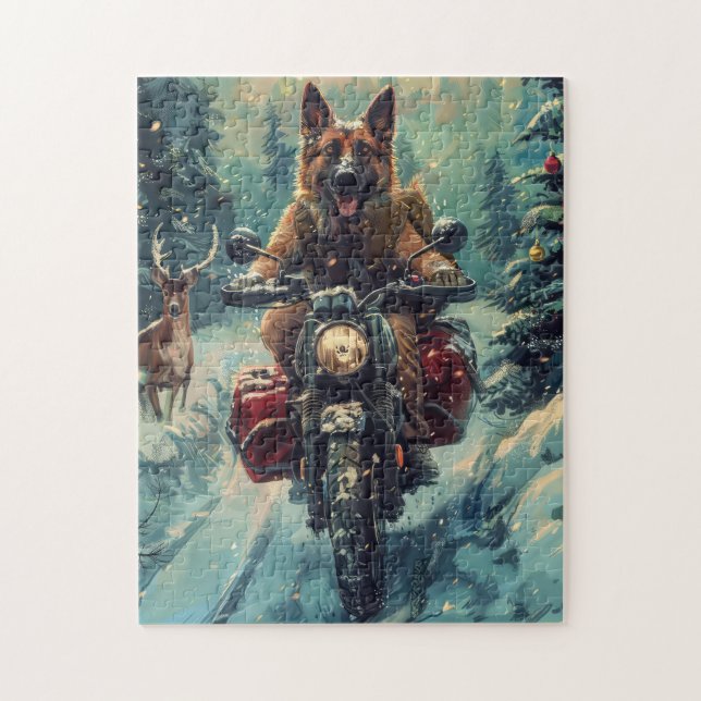 Belgian Shepherd Dog Riding Motorcycle Christmas Jigsaw Puzzle (Vertical)