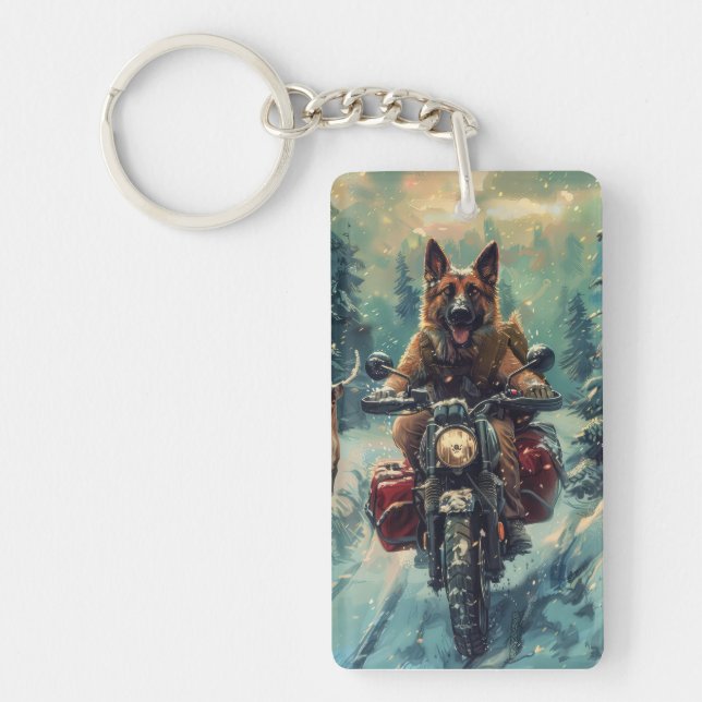 Belgian Shepherd Dog Riding Motorcycle Christmas Key Ring (Front)