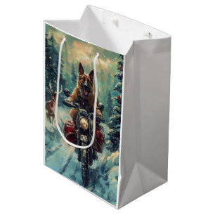 Belgian Shepherd Dog Riding Motorcycle Christmas Medium Gift Bag