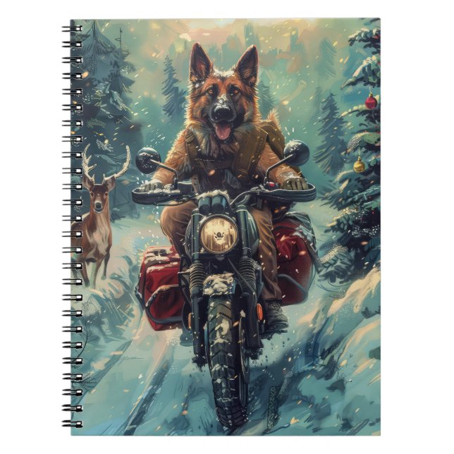 Belgian Shepherd Dog Riding Motorcycle Christmas Notebook (Front)