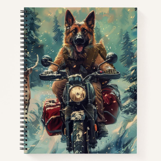 Belgian Shepherd Dog Riding Motorcycle Christmas Notebook (Front)