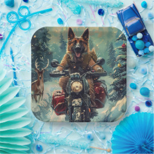 Belgian Shepherd Dog Riding Motorcycle Christmas Paper Plate