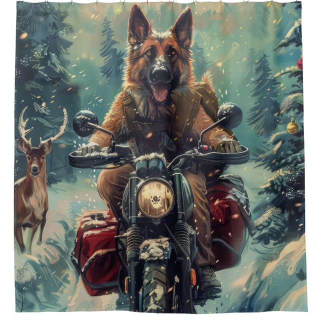 Belgian Shepherd Dog Riding Motorcycle Christmas Shower Curtain (Front)
