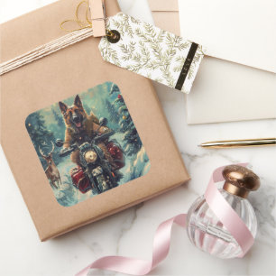 Belgian Shepherd Dog Riding Motorcycle Christmas Square Sticker