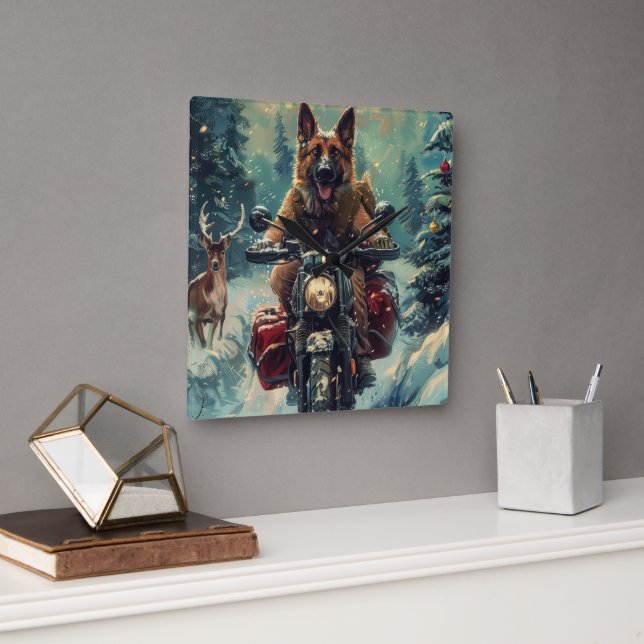 Belgian Shepherd Dog Riding Motorcycle Christmas Square Wall Clock (Office)
