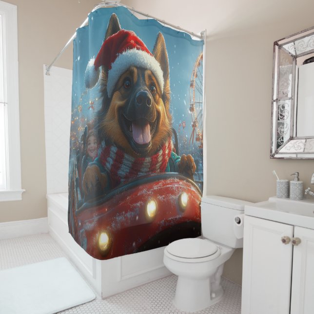 Belgian Shepherd Dog Roller Coaster Christmas Shower Curtain (In Situ)